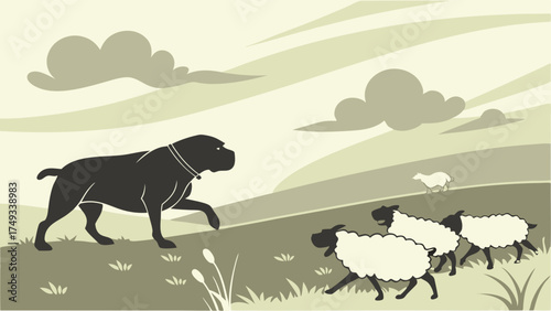 Vintage sepia illustration of a powerful guard dog protecting a flock of sheep in a rolling green pasture under a cloudy sky, rural farm animal scene.
