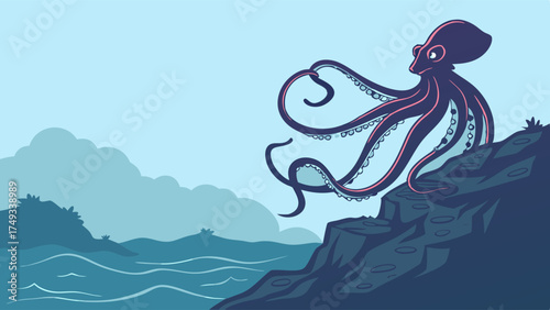 Stylized vector illustration of a purple octopus with flowing tentacles on a dark ocean cliff, overlooking calm blue sea waves and a serene sky. Marine art.