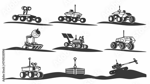 Various Mars and lunar rovers in a monochrome vector illustration, featuring diverse designs of robotic space exploration vehicles for planetary research.