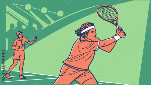 Vibrant vector illustration of two male tennis players on a green court. One in orange prepares to hit a shot, with stadium lights and blurred crowd in background.