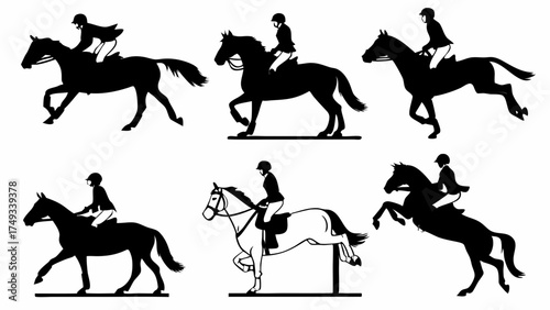 Black and white vector silhouettes of equestrian riders on horses in various gaits and movements like galloping, trotting, jumping, and rearing.