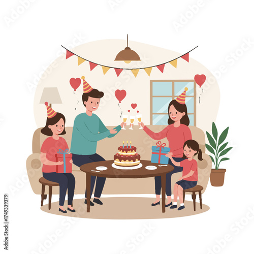 A joyful family, including parents and children, happily celebrates a birthday around a table with cake and gifts in a cozy living room, presented as a vibrant 2D flat vector illustration.