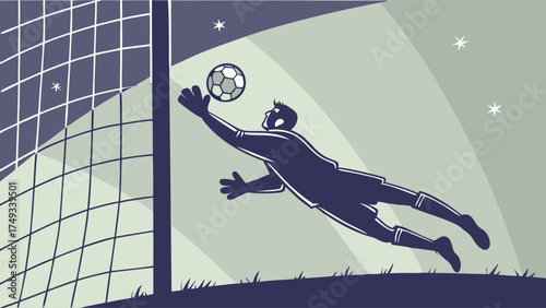 Stylized vector illustration of a soccer goalkeeper diving to save a ball during a floodlit night game with stars and a goal net.
