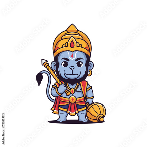 Chibi Hanuman Illustration - Hindu Deity with Mace and Crown.
