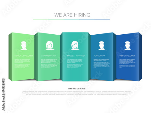 An "Our Team" or "We Are Hiring" concept infographic featuring distinct job roles: administrator, project manager, accountant, web developer. Infographic visually presents the team roles available