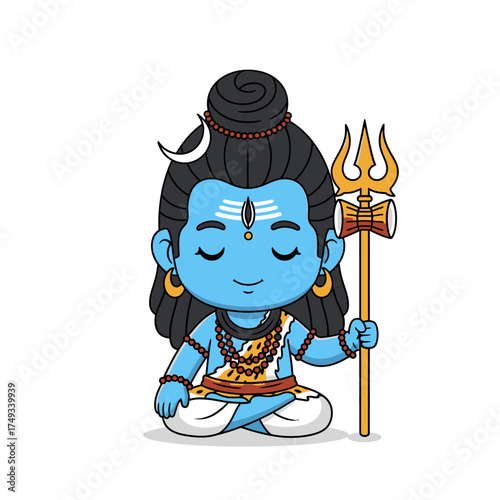 Cute Cartoon Illustration of Lord Shiva Meditating with Trident.