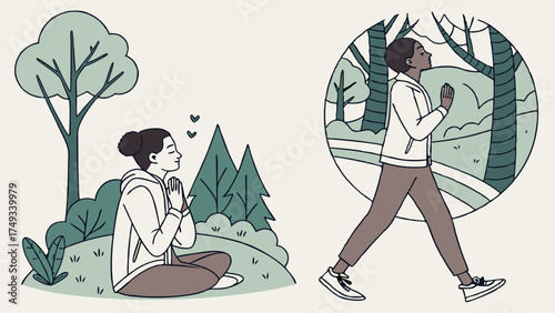 Mindful outdoor activities illustration. A woman meditates peacefully in a park, while a diverse person enjoys a brisk walk through a serene forest path for well-being.