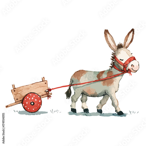 Watercolor Donkey Pulling Rustic Wooden Cart Illustration.