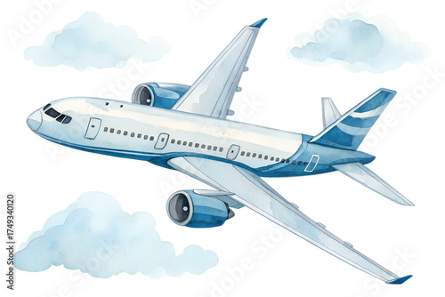Watercolor airplane illustration in blue and white tones. The aircraft is shown from an angled top view, featuring soft textures and gentle shading that create a hand-painted, artistic look. Perfect f