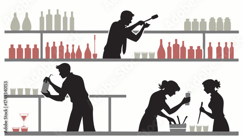 Professional mixologists and bar staff silhouettes preparing cocktails at a busy bar counter with shelves of bottles and glasses, vector illustration.