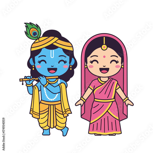 Cute Cartoon Illustration of Hindu Deities Krishna and Radha.