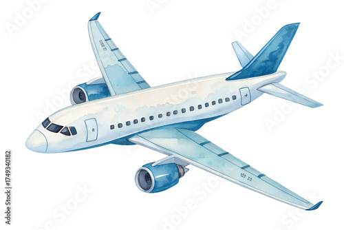 Watercolor airplane illustration in blue and white tones. The aircraft is shown from an angled top view, featuring soft textures and gentle shading that create a hand-painted, artistic look. Perfect f