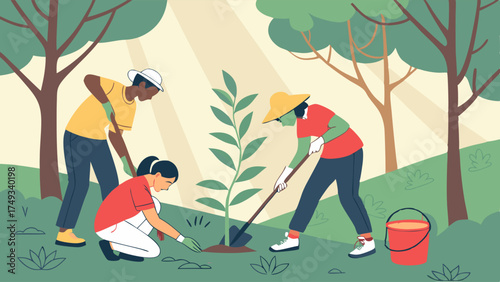 Flat illustration of three diverse people planting a tree sapling in a sunny outdoor park. Community volunteers working on reforestation and greening.