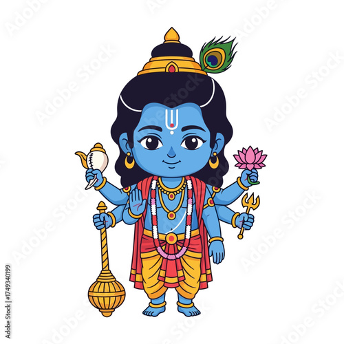 Cute Cartoon Illustration of Lord Krishna with Multiple Arms Holding Symbols.