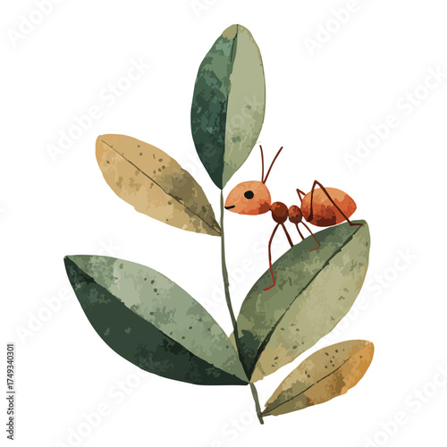 Vibrant Watercolor Ant on Green Leaf Illustration.