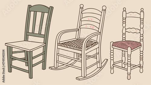 Three vintage wooden chairs illustration featuring a green dining chair, a natural wood rocking chair with a woven seat, and a rustic spindle-back chair.