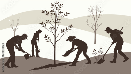 Monochrome silhouette of five people planting trees and shrubs in a natural landscape, symbolizing community reforestation and environmental conservation