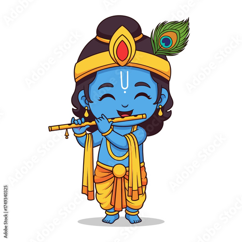 Cute cartoon of the Hindu deity Lord Krishna playing a flute.