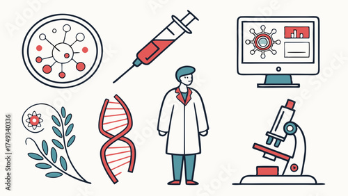 Scientific and Medical Research Flat Line Art Icons Set. Biology, DNA, Virus, Vaccine, Lab Equipment, Doctor Illustrations for Healthcare and Science.