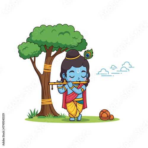 Cute cartoon illustration of the Hindu deity Lord Krishna playing a flute.