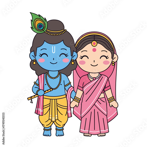 Cute cartoon illustration of Hindu deities Krishna and Radha.