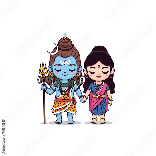 Chibi Shiva and Parvati - A Divine Couple in Cartoon Style.