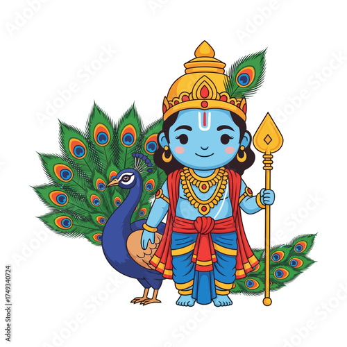 Cute Cartoon Lord Murugan with Peacock Illustration.
