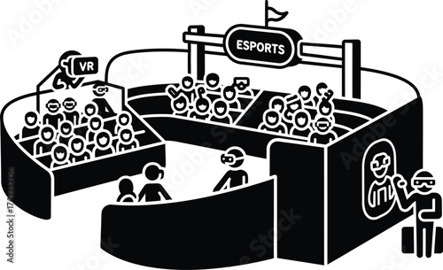 Esports arena with spectators watching a virtual reality competition and players in vr headsets