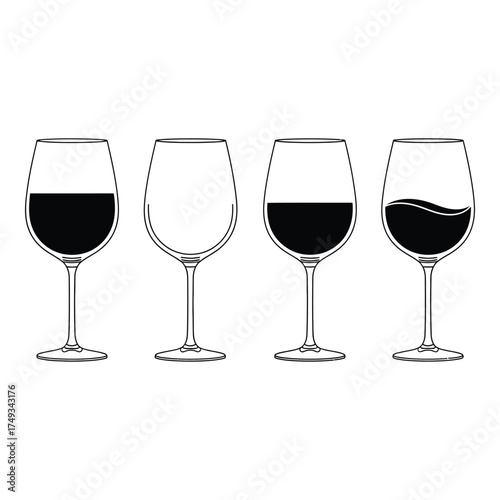 Four wine glasses showing different red wine levels from full to empty minimalist design abstract art silhouette