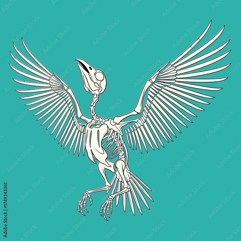 Obraz premium Bird skeleton with open wings on a teal background