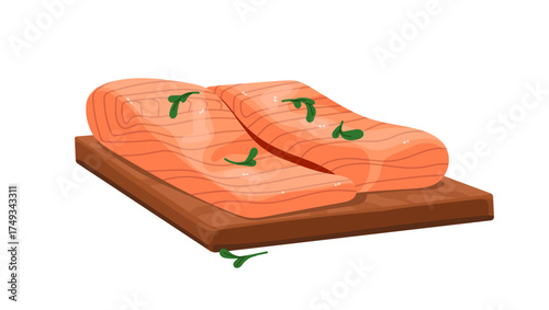 Red fish is on wooden chopping board. Fillet of salmon with omega 3 and vitamin D. Healthy food for cooking and eating. Icon of seafood, grocery. Flat isolated vector illustration on white background