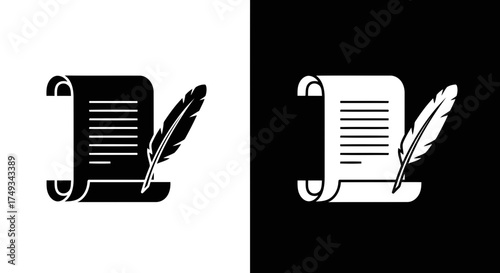 Ancient scroll with feather pen icon representing writing and history silhouette
