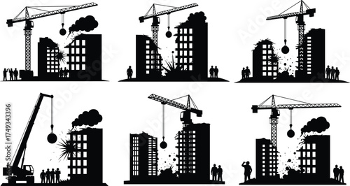 Building Demolition Silhouette Set – Cranes, Wrecking Balls, Debris Clouds, Urban Destruction, Construction Machinery, Onlookers, Impact Scenes, Industrial Breakdown