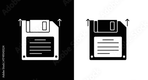 Retro floppy disk icon with upload arrows in contrasting black and white silhouette style