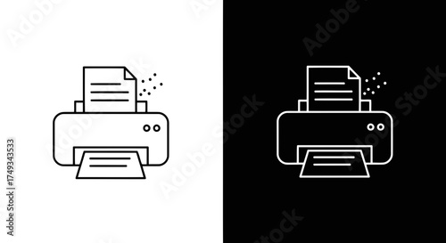 Clean line art icon of a printer with paper coming out and dots representing ink or toner silhouette