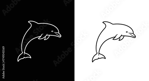 Playful dolphin leaping from water silhouette against black and white background