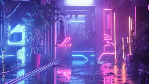 Cyberpunk urban alley displaying neon light reflections