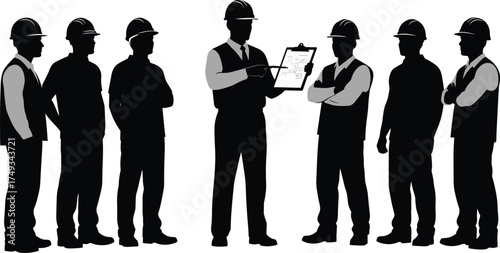 Construction team briefing with blueprint held by engineer in hard hat showing teamwork, planning, and communication in industrial setting