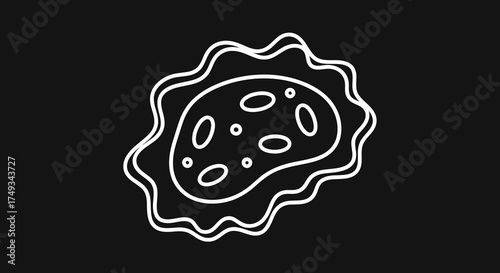 Stylized illustration of a single amoeba cell with internal structures in a minimalist white silhouette