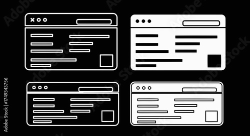 Four simplified browser window interfaces with text and image placeholders in silhouette
