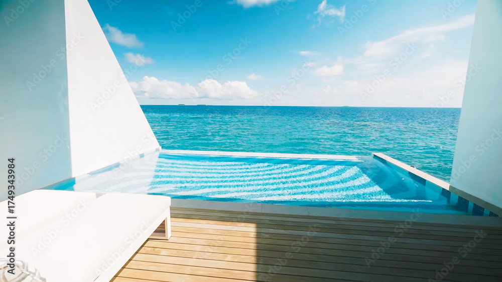 Fototapeta premium Private deck water villa with infinity pool overlooking the vast, bright blue Indian Ocean