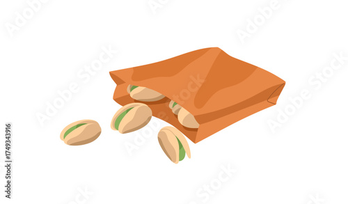 Paper pack of salted green pistaches with nutshell. Tasty pistachio with shell. Superfood, packaging of nuts for eating, natural healthy food. Flat isolated vector illustration on white background