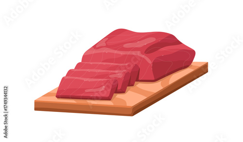 Raw red meat is cutted into steaks. Beef or pork piece is on chopped board. Organic farm food, grocery product, healthy eating, natural nutrition. Flat isolated vector illustration on white background