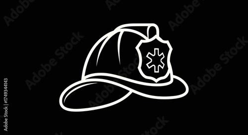 White outline of a firefighter helmet with a badge featuring a star of life symbol silhouette