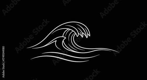 Stylized white line art of a breaking ocean wave against a black background silhouette