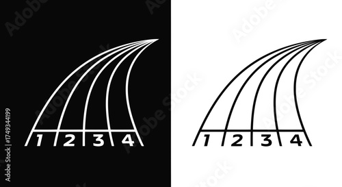 Abstract graphic representation of four running tracks converging at the finish line silhouette