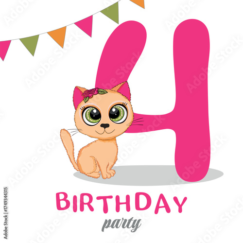 Cute little cat, fourth Birthday party, Happy birthday 4 year old. Invitation or greeting card. Vector illustration.