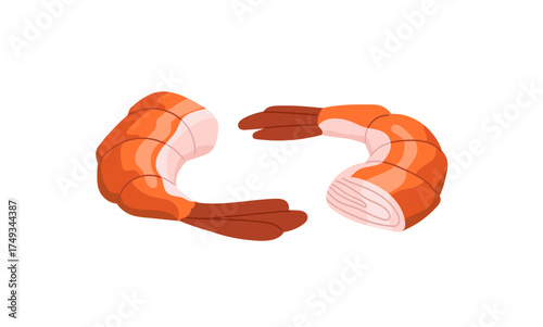 Icon of raw shrimps. Organic natural prawns. Healthy seafood, tasty sea food. Delicious marine eating, appetizing undersea snack, product. Flat isolated vector illustration on white background