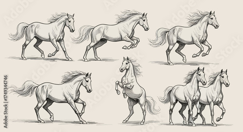 A collection of sketched horses in various dynamic poses and gaits