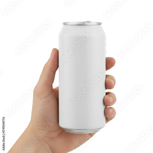 Hand holding a blank white aluminum can for a drink or beverage mockup png